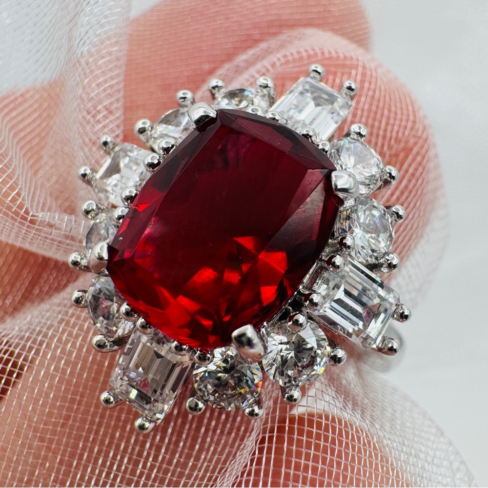 Ruby Red Silver Diamond CZ Halo Ring Size 4.5 Strawberry Hue Gorgeous NEW VTG
